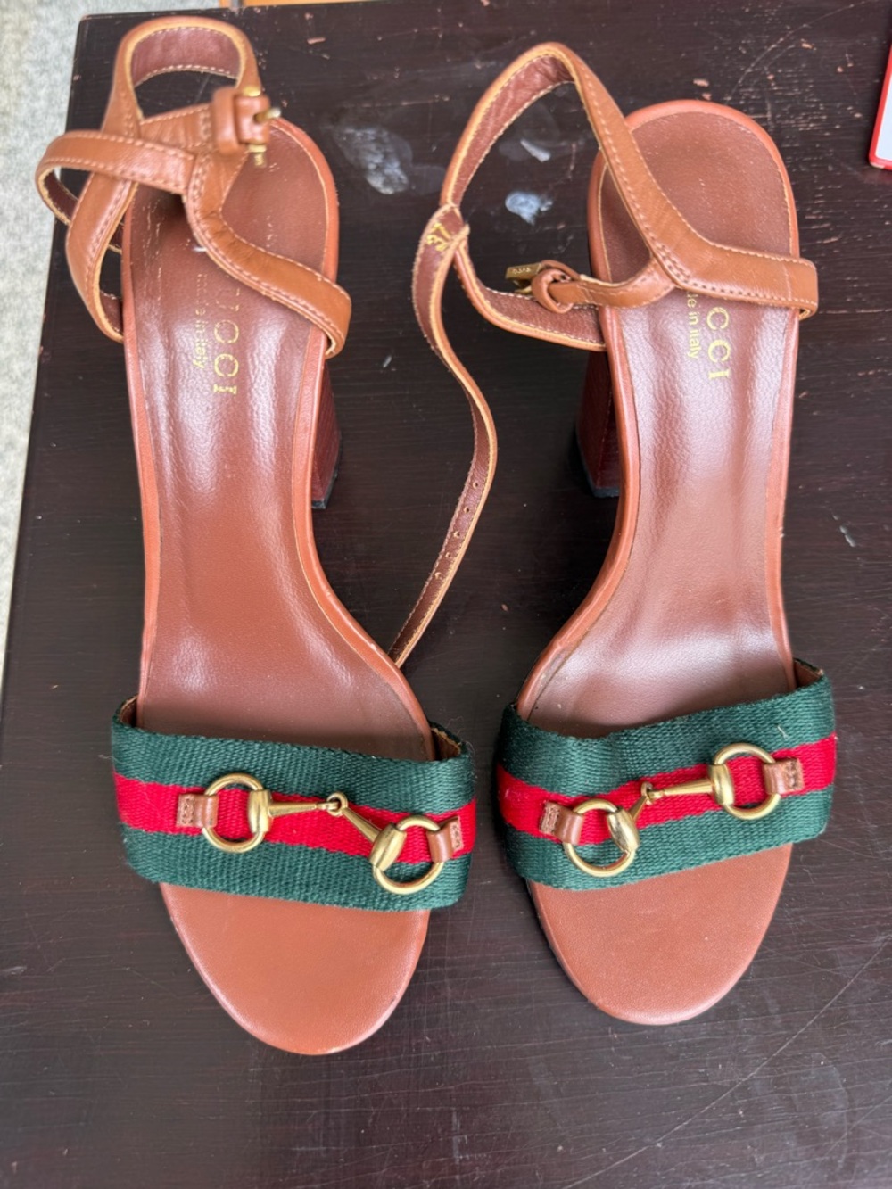 Gucci Brown Leather Heeled Sandals with Green and Red Web and Gold Hardware